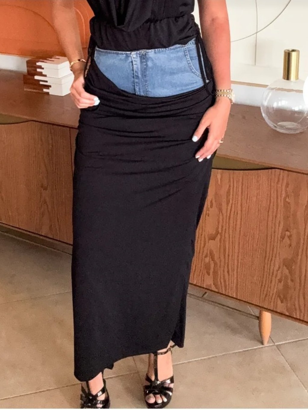 Black Maxi Skirt With Denim Waist Panel